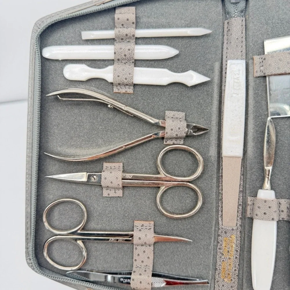 Johnson Stamping Manicure Set VTG Ostrich Embossed Grey Travel Kit Italy‎ Made